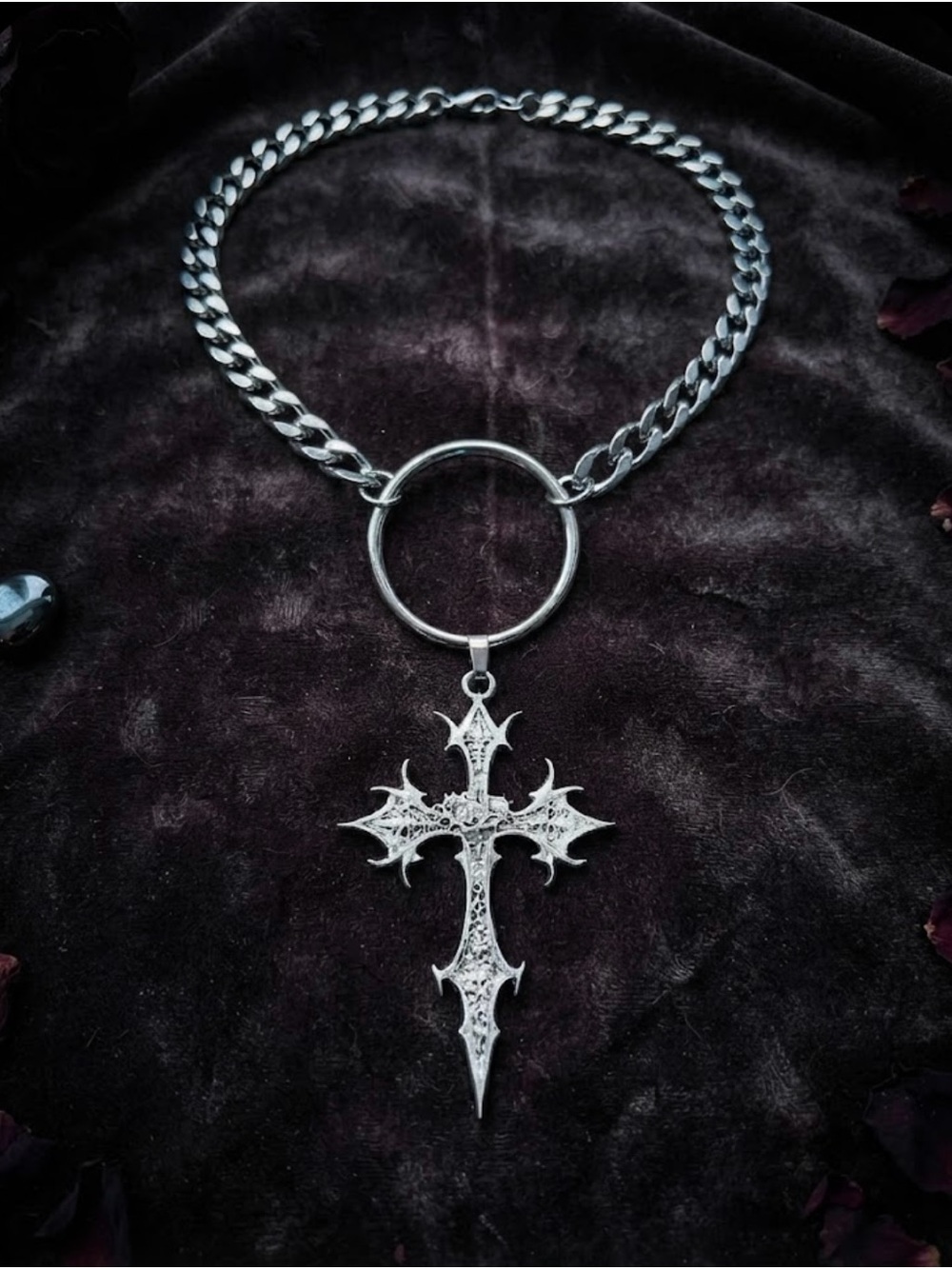 Hand Crafted Silver Gothic Cross Pendant Choker Necklace